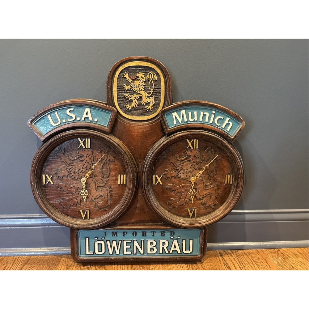 Vintage Lowenbrau Lion Dual Clock USA Munich